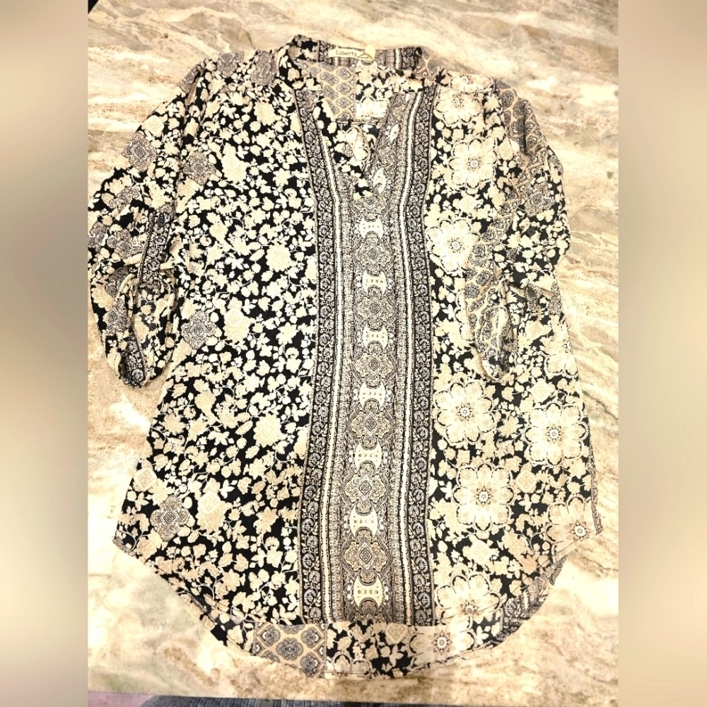 Liberty Love Boho Floral Tunic Blouse Black Beige Print Size M